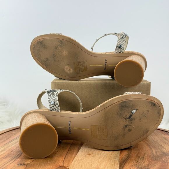 Dolce Vita Wmns Size 9M Jalina Grey Beige Snake Print Cork Heel Sandals Studded - Picture 12 of 16